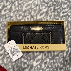 Michael Kors Black Snakeskin-Embossed Zip Around Wallet with Gold Accents